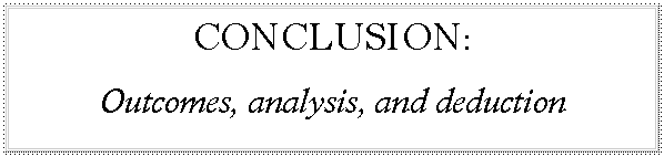 Text Box: CONCLUSION:
Outcomes, analysis, and deduction

