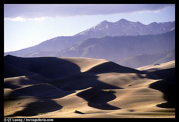 Distant view of dunes and Sangre de Christo mountains in late afternoon. Great Sand Dunes National Park